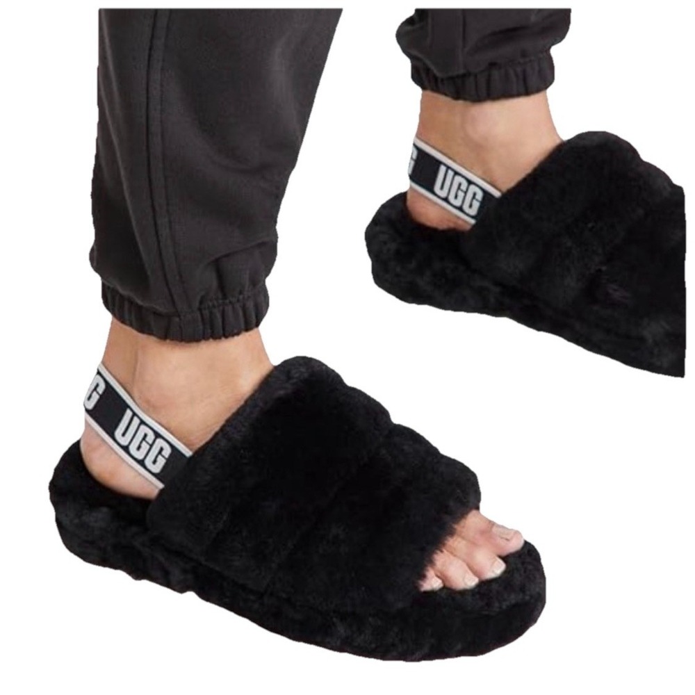 UGG Fluff Yeah Slide Womens Sheepskin Slip On Slide Slippers Size 9 Black